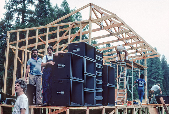 Kent Stevenson, John Celucci, Doug Rogers Constructing the Main Stage Strawberry Bluegrass Festival 1983 Camp Mather