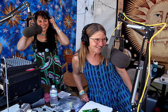 Diane Brokenshire and friend from Australia "manning" the radio, Kate Wolf Music Festival, 2010